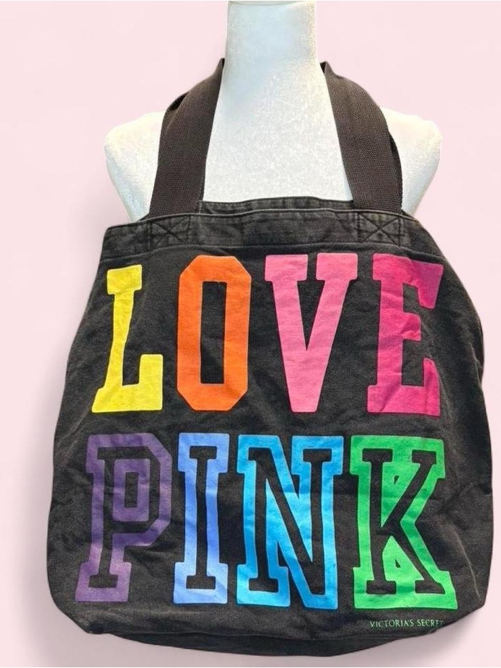 PINK Victoria's Secret Extra Large Black Canvas Tote with Rainbow 'LOVE PINK'